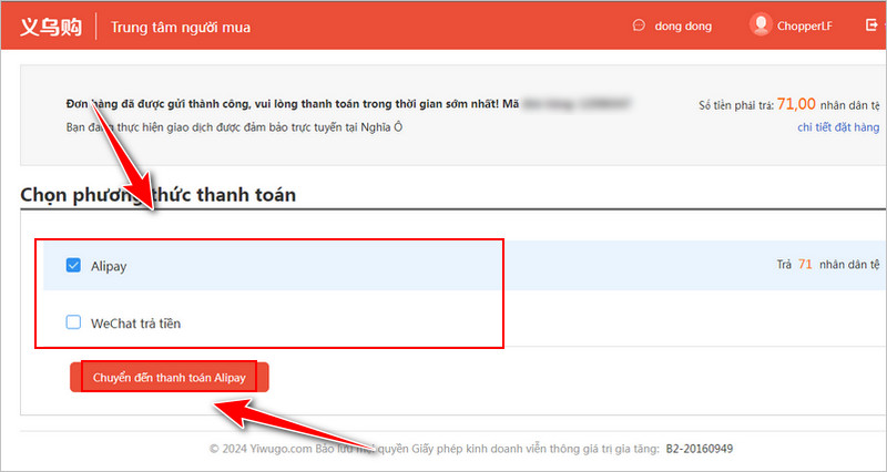 Chọn phương thức thanh toán Yiwugo
